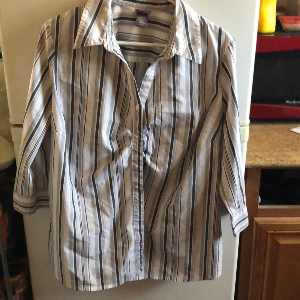 Gray white striped cotton button up blouse